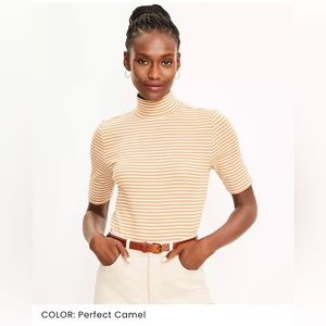 Camel & white stripe high/mock neck Loft t-shirt with half sleeves.